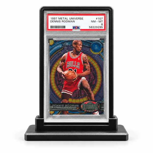 Sapphire Blue PrismGuard Pro PSA display stand supporting a matching PSA case with a graded card