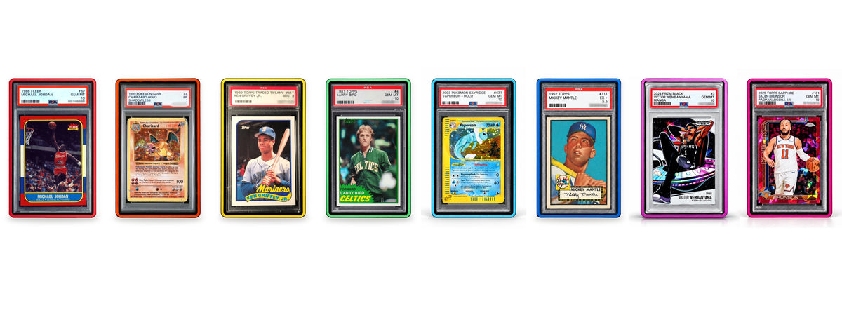 Eight colorful PrismGuard Pro cases displaying graded sports and Pokémon cards in rainbow order