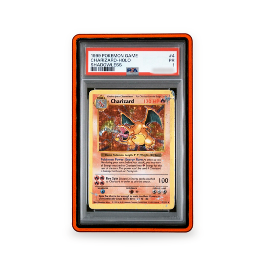 Blaze Orange PrismGuard Pro outer case surrounding a PSA-graded Charizard card