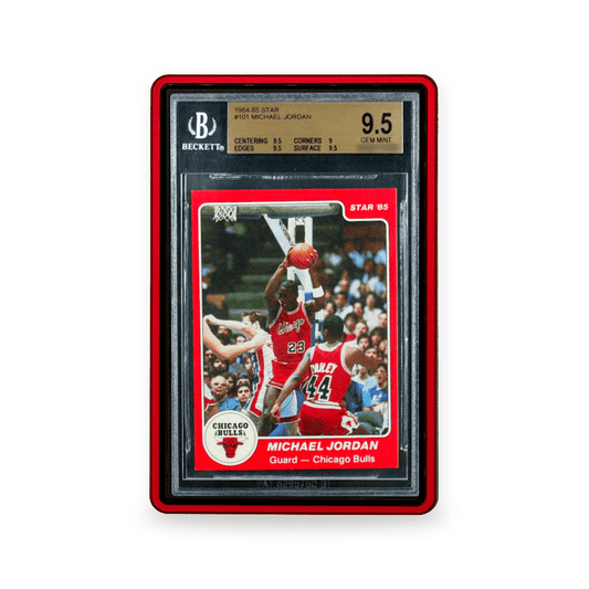 Red PrismGuard Pro BGS outer case surrounding a Beckett-graded Michael Jordan card