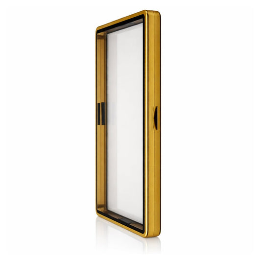 Angled view of a gold PrismGuard Pro frame and clear panels from the PSA product gallery