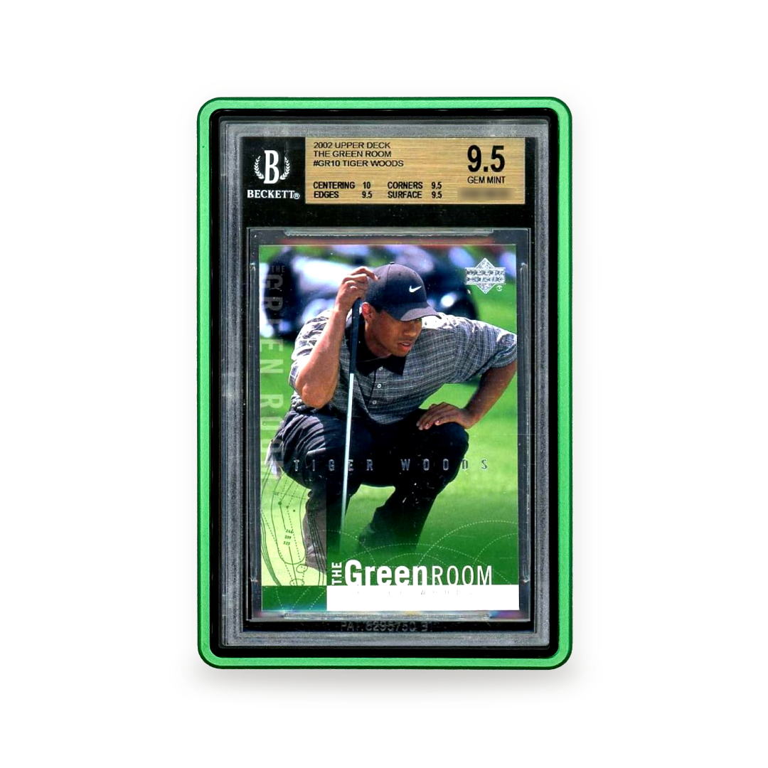 PrismGuard Pro BGS Magnetic Slab Case in Emerald Green displaying Tiger Woods #color_emerald-green
