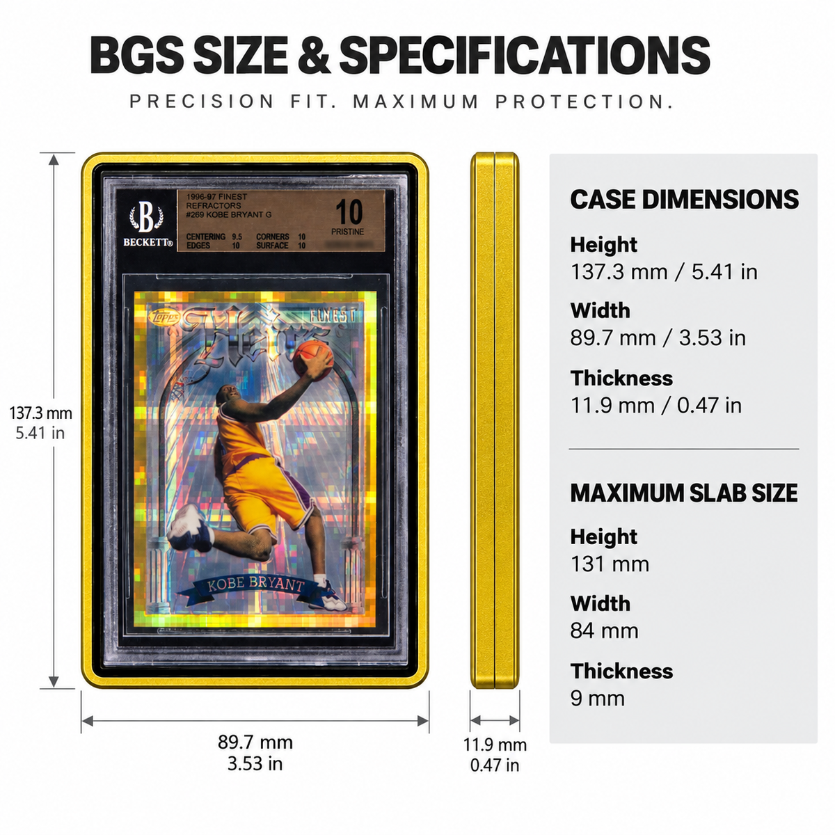PrismGuard Pro BGS case size and specifications sheet, showing outside case dimensions and maximum slab dimensions.