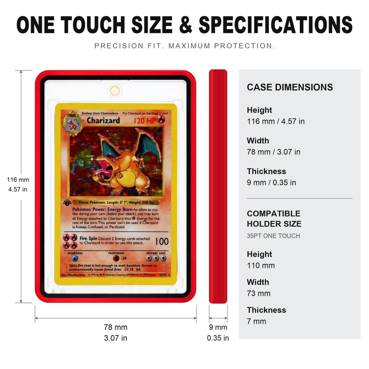 PrismGuard Pro One-Touch specifications: outside case 116 × 78 × 9 mm (4.57 × 3.07 × 0.35 in); compatible 35pt One-Touch holder 110 × 73 × 7 mm.