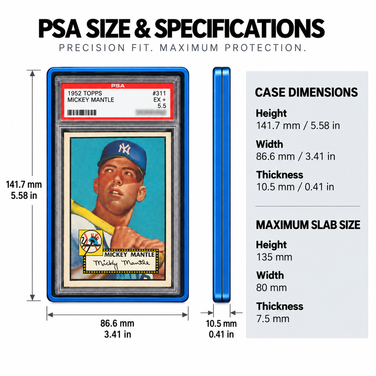 PrismGuard Pro PSA case size and specifications sheet, showing outside case dimensions and maximum slab dimensions.